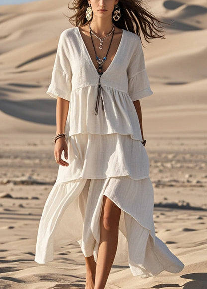 White Asymmetrical Design Cotton Long Dress Summer