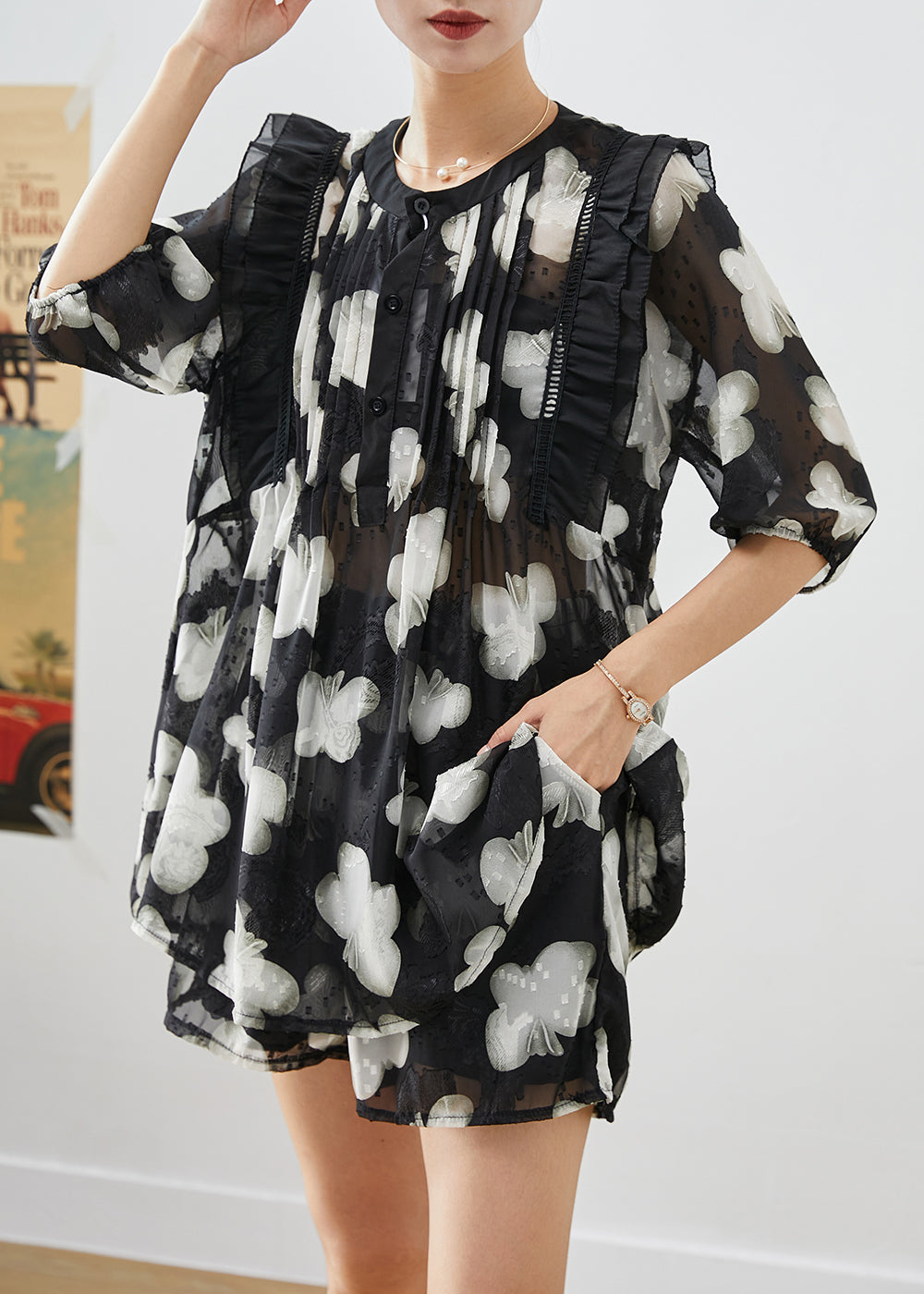 Diy Black Print Ruffled Patchwork Wrinkled Chiffon Two-piece Set Summer