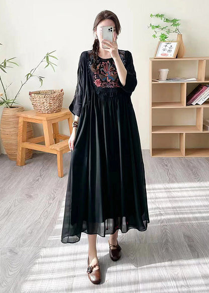Loose Black O Neck Print Patchwork Silk Dress Summer