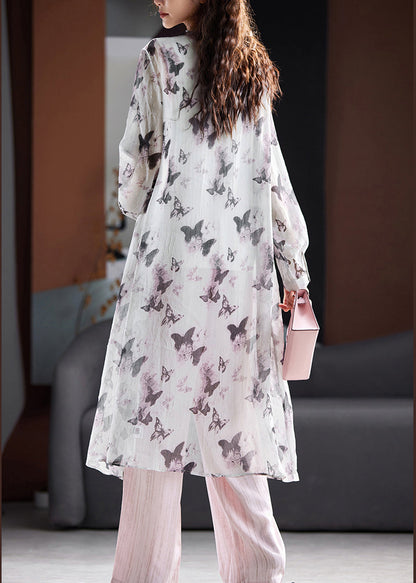 Organic Grey O Neck Print Chiffon Upf 50+ Coat Summer