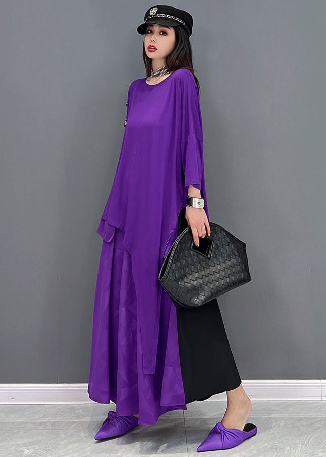 Novelty Purple Asymmetrical Design Patchwork Off the Shoulder Cotton Two Pieces Set Summer