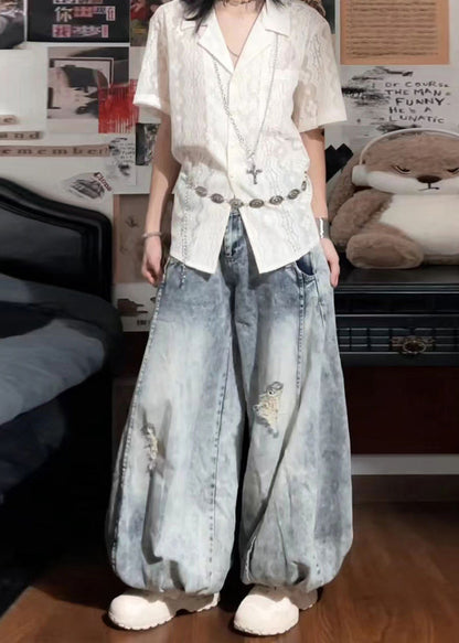Light Blue High Waist Denim Ripped Jeans Spring