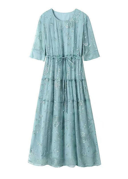 Blue O-neck Embroideried Ruffled Tie Waist Silk Dress Summer