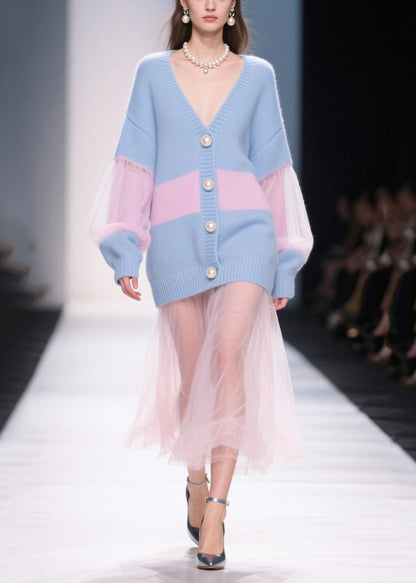 Stylish Blue Patchwork Tulle Fine Pearl Knit Cardigan Fall