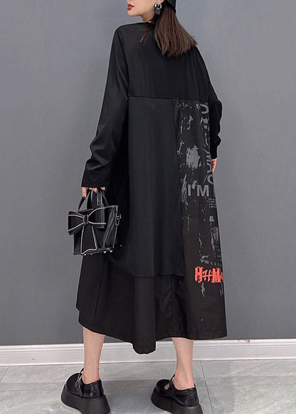 Black O-neck Asymmetrical Patchwork Pockets Dress Long Sleeve