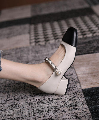 Beige Faux Leather Patchwork Buckle Strap Chunky High Heels