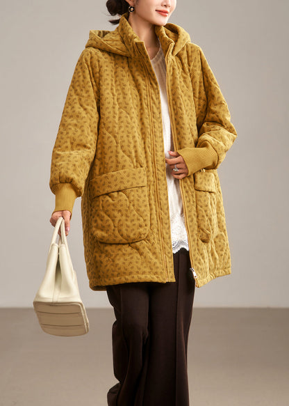 Yellow Hooded Pockets Fine Cotton Filled Coat Winter