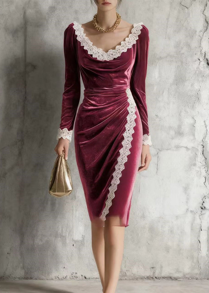 Mulberry O-neck Lace Patchwork Silk Velvet Mid Dress Spring