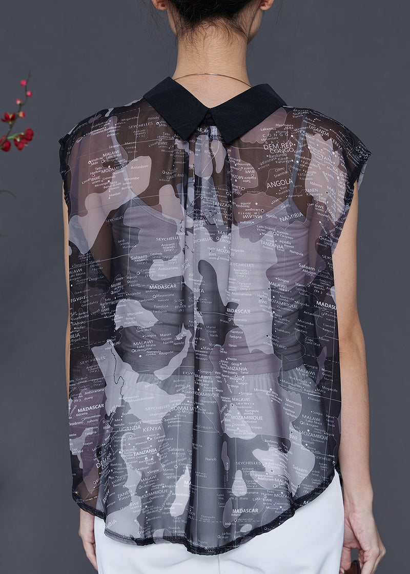 Black Peter Pan Collar Print Tulle Shirts Sleeveless