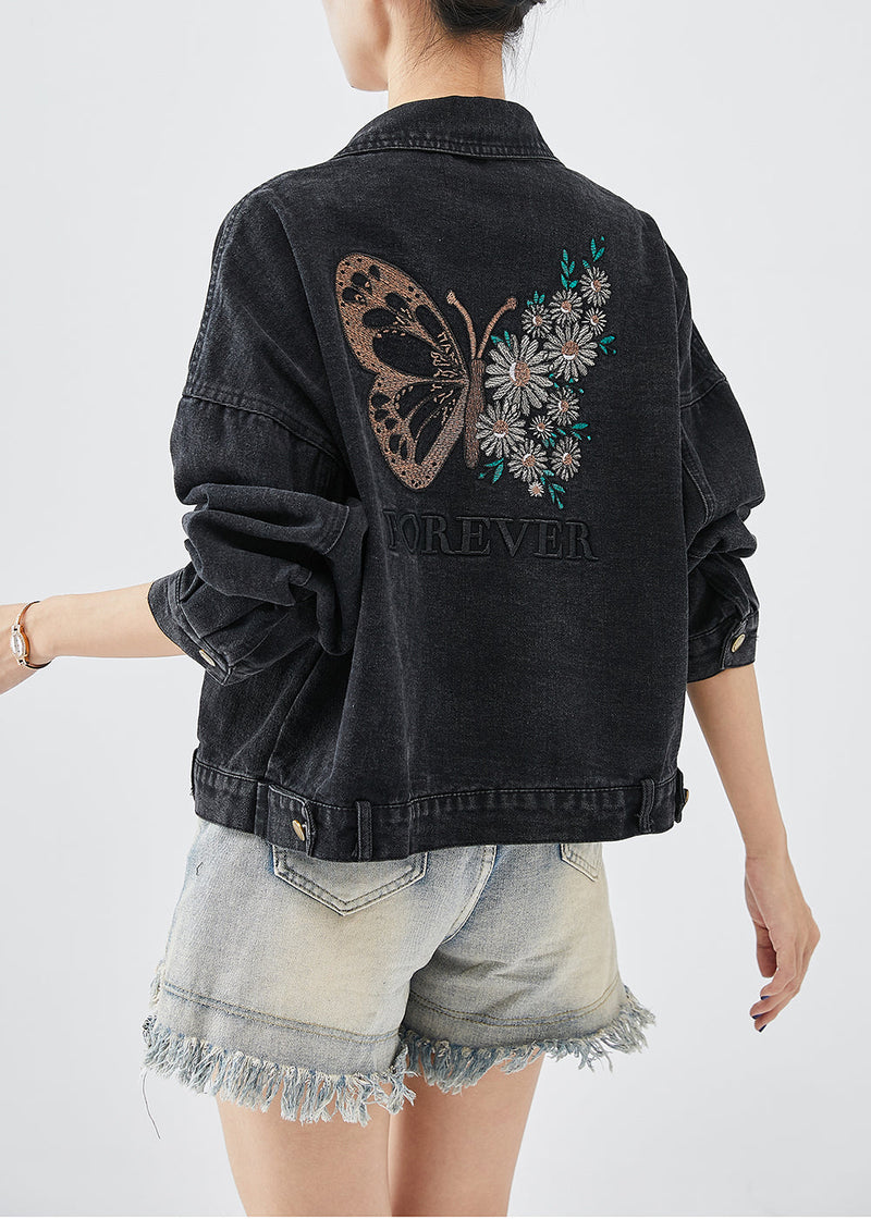Boutique Black Embroideried Letter Butterfly Denim Jacket Spring