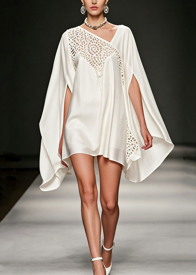 Fine White Hollow Out Lace Silk Dress Batwing Sleeve