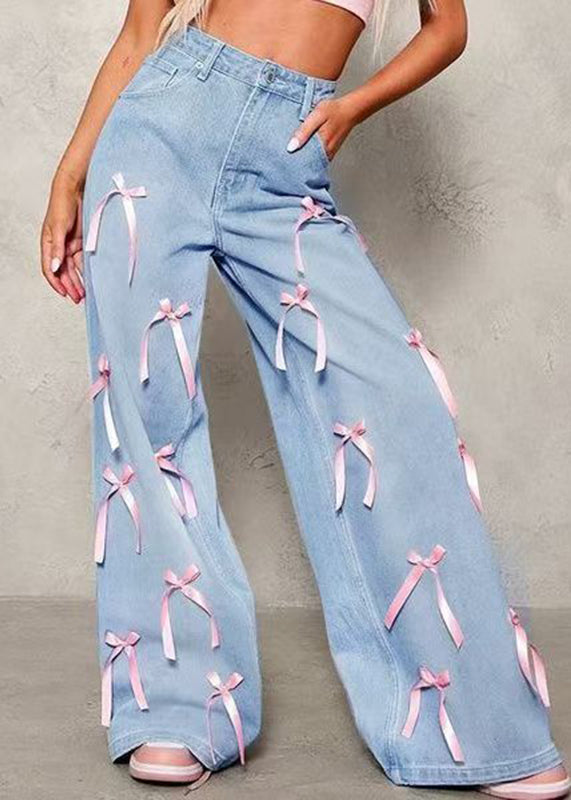 Blue Pockets Patchwork Bow Wide Leg Jeans