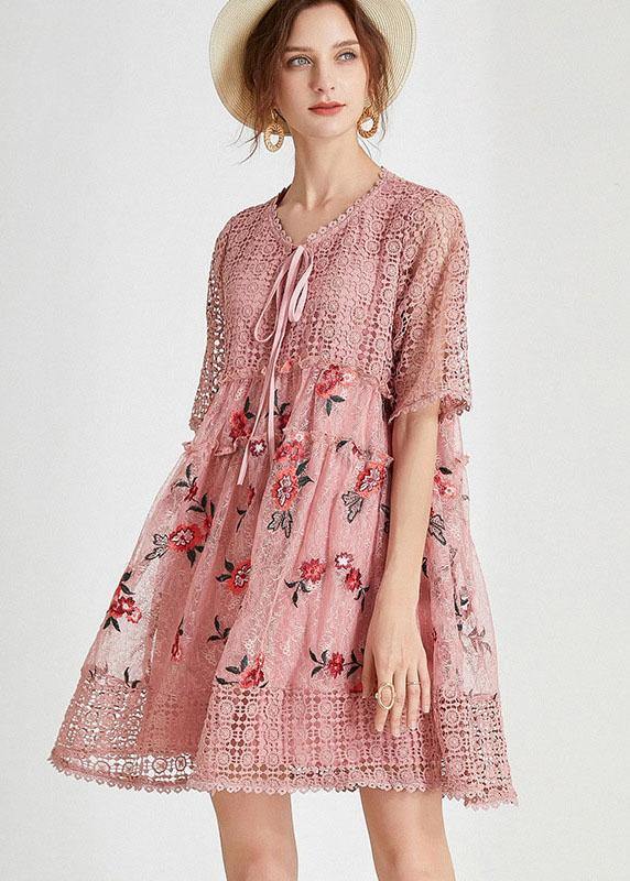 Pink Hollow Out Embroideried Summer Mid Dress Half Sleeve