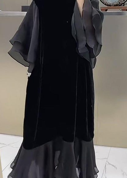 Black O-neck Patchwork Silk Velour Maxi Dress Butterfly Sleeve
