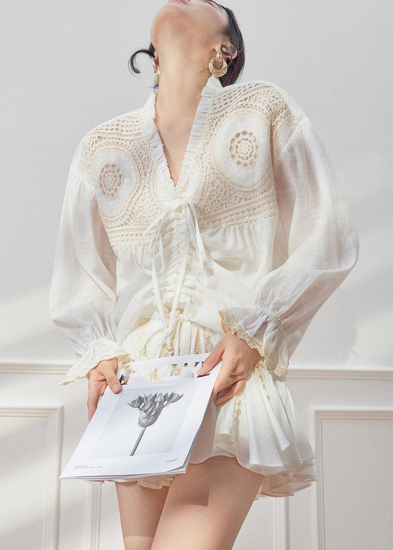 White V Neck Drawstring Shirt and Skirts Two Piece Set Spring