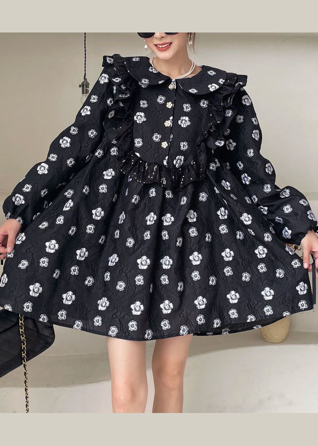 Black Print Ruffled Mini Dress Spring