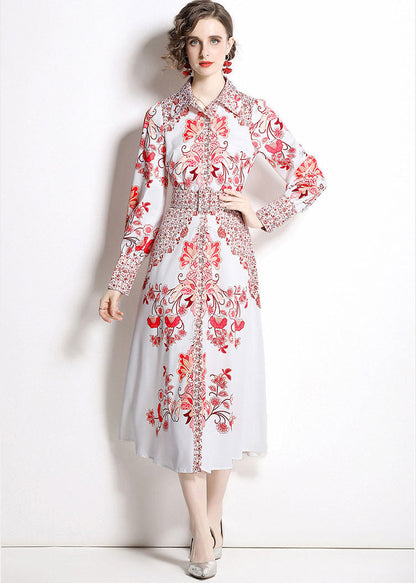 Red Print Peter Pan Collar Chiffon Cinch Dress Fall