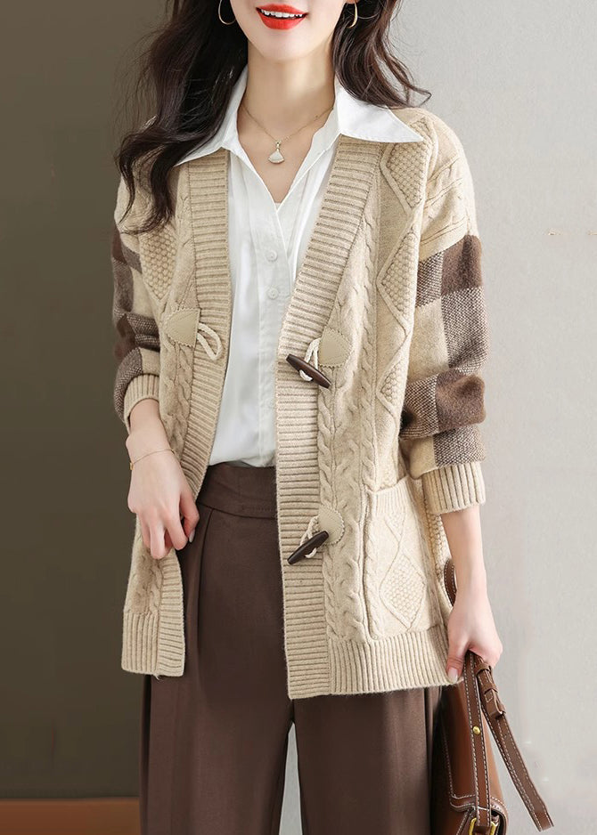 Beige V Neck Button Patchwork Knit Cardigans Fall