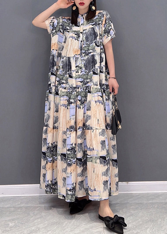 Stand Collar Button Print Patchwork Wrinkled Chiffon Long Dress Short Sleeve