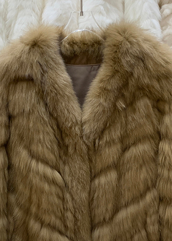 Vogue Khaki V Neck Leather and Fur Coats Winter