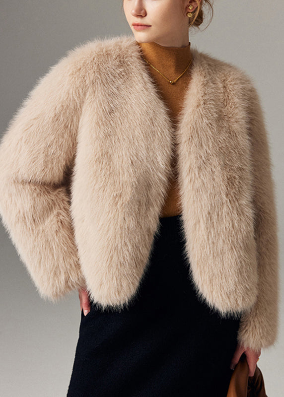 Classy Beige V Neck Warm Leather and Fur Coat Winter