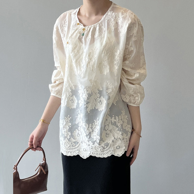 Beige O-neck Print Chiffon Shirts Long Sleeve