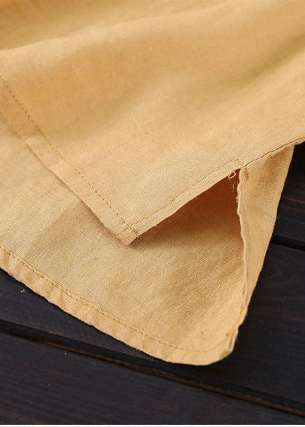 Style Yellow O-neck Embroideried Linen Top Three Quarter Sleeve