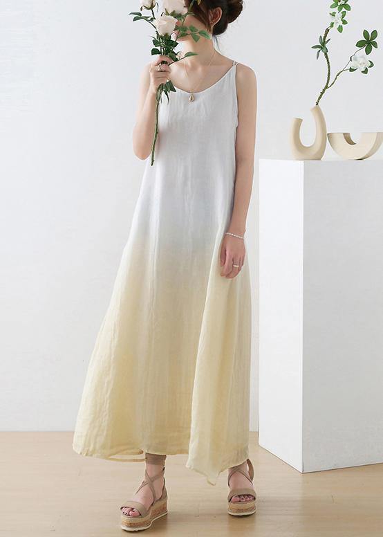 Yellow Tie Dye Backless Ramie Dress Summer