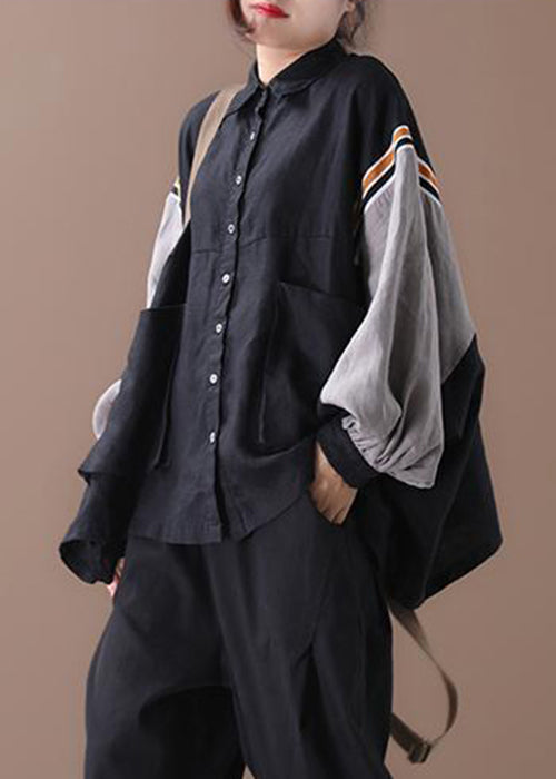 Black Button Pockets Patchwork Cotton Shirt Batwing Sleeve