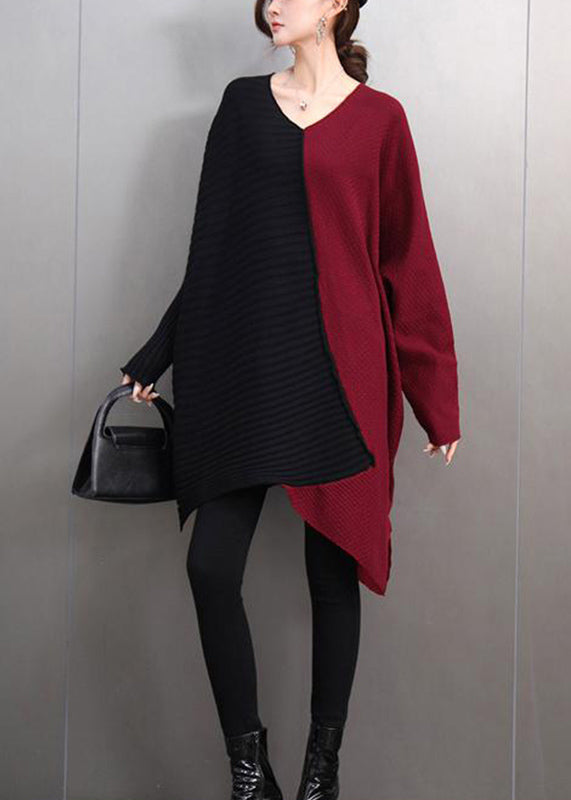 Brown V Neck Asymmetrical Thick Cotton Knitted Sweater Tops Winter