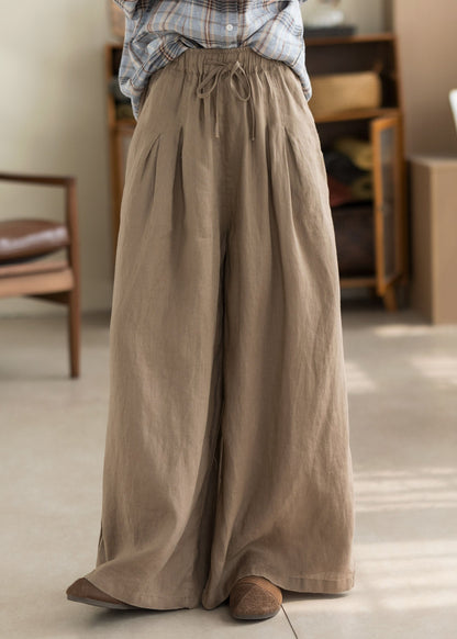 Green Pockets Elastic Waist Linen Pants Summer
