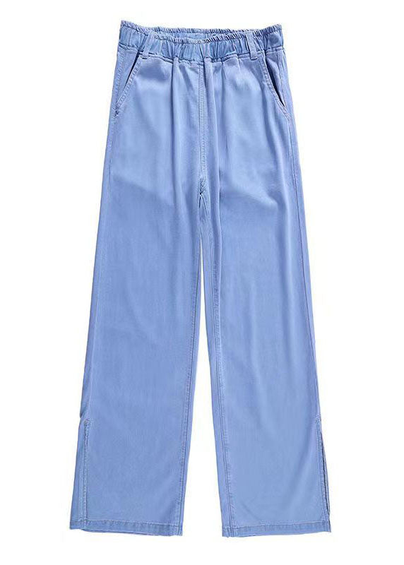 Light Blue Elastic Waist Side Open Drawstring Cotton Denim Pants Summer