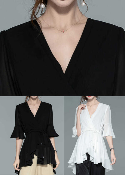 Black Wrinkled Chiffon Shirts V Neck Half Sleeve