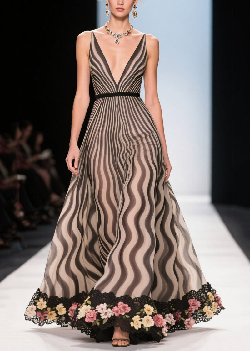 Khaki Striped Patchwork Flower Chiffon Party Dress Summer