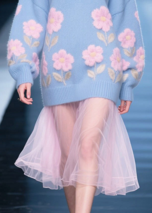 Blue Patchwork Tulle Flower Jacquard Knit Dress Winter