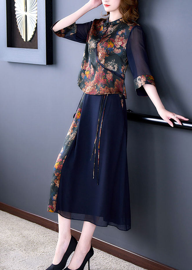 Blue Hollow Out Patchwork Print Silk Tops and Skirts Two Pieces Set Half Sleeve