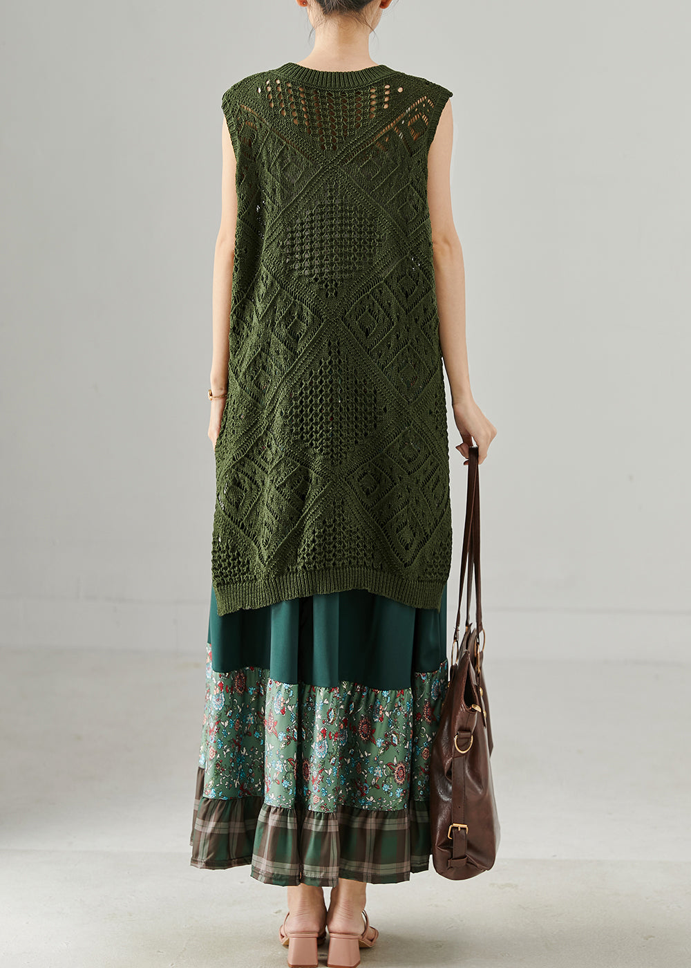 Army Green Hollow Out Side Open Knit Dress Two Piece Set Summer