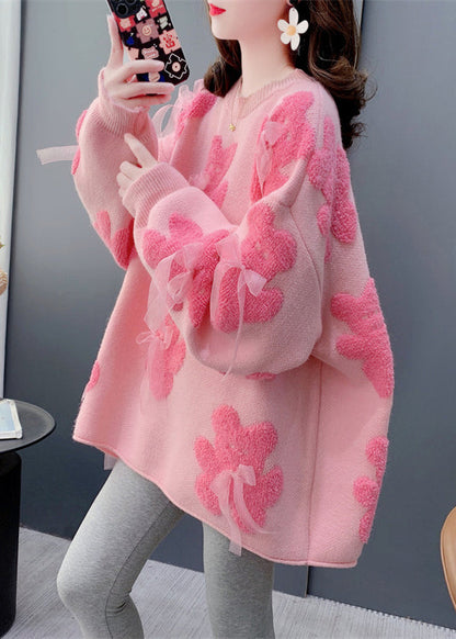 Jacquard White O-neck Bow Cozy Knit Sweater Spring
