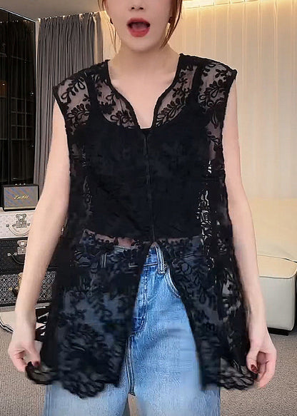 Jacquard Apricot V Neck Hollow Out Lace Tops Sleeveless