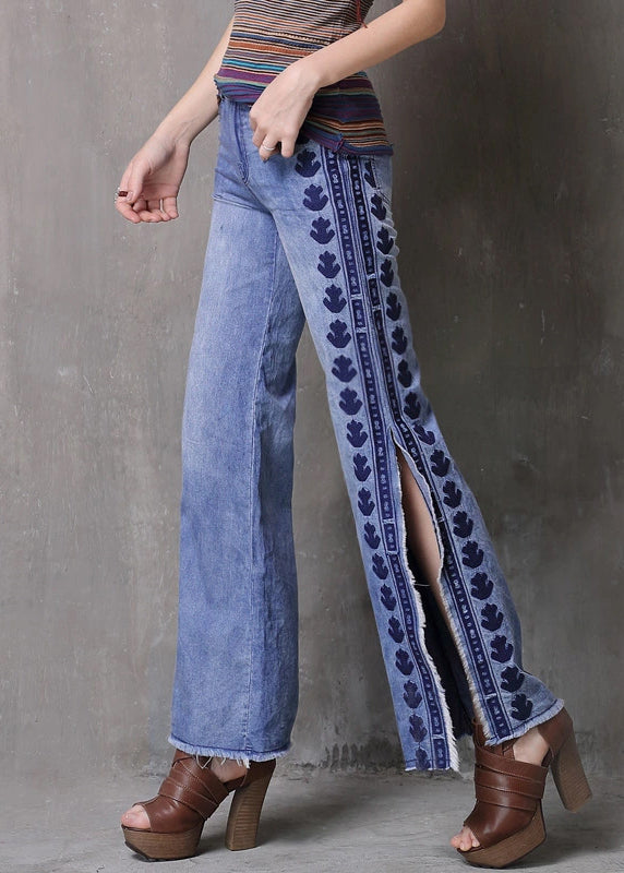 Light Blue Embroidered Side Open Pockets High Waist Jeans Summer