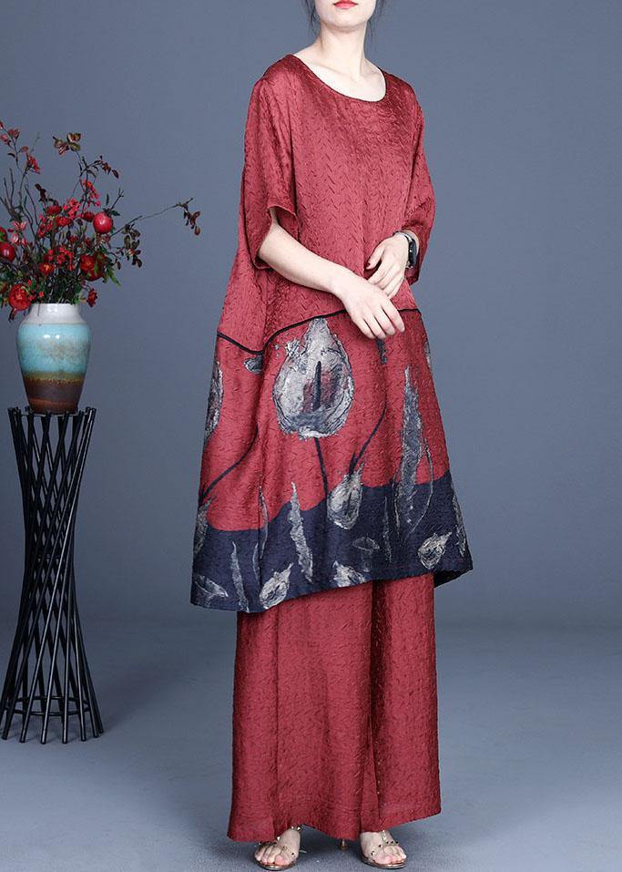 Blue Patchwork Print Long Clothes Wide Leg Two Pieces Set