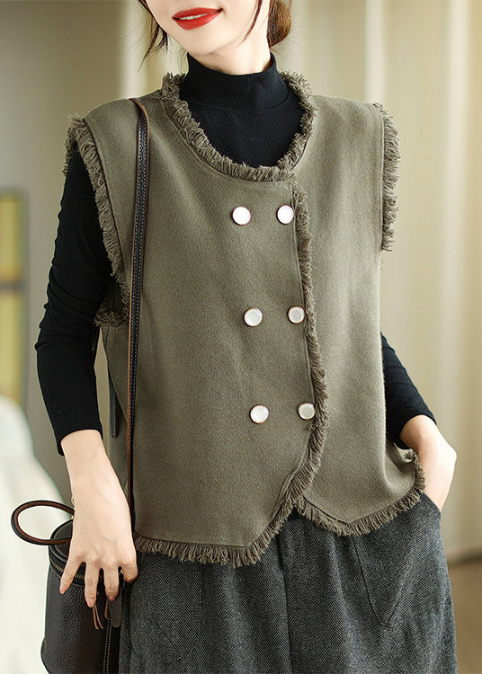 French Army Green Tasseled Double Breast Cotton Vest Top Spring