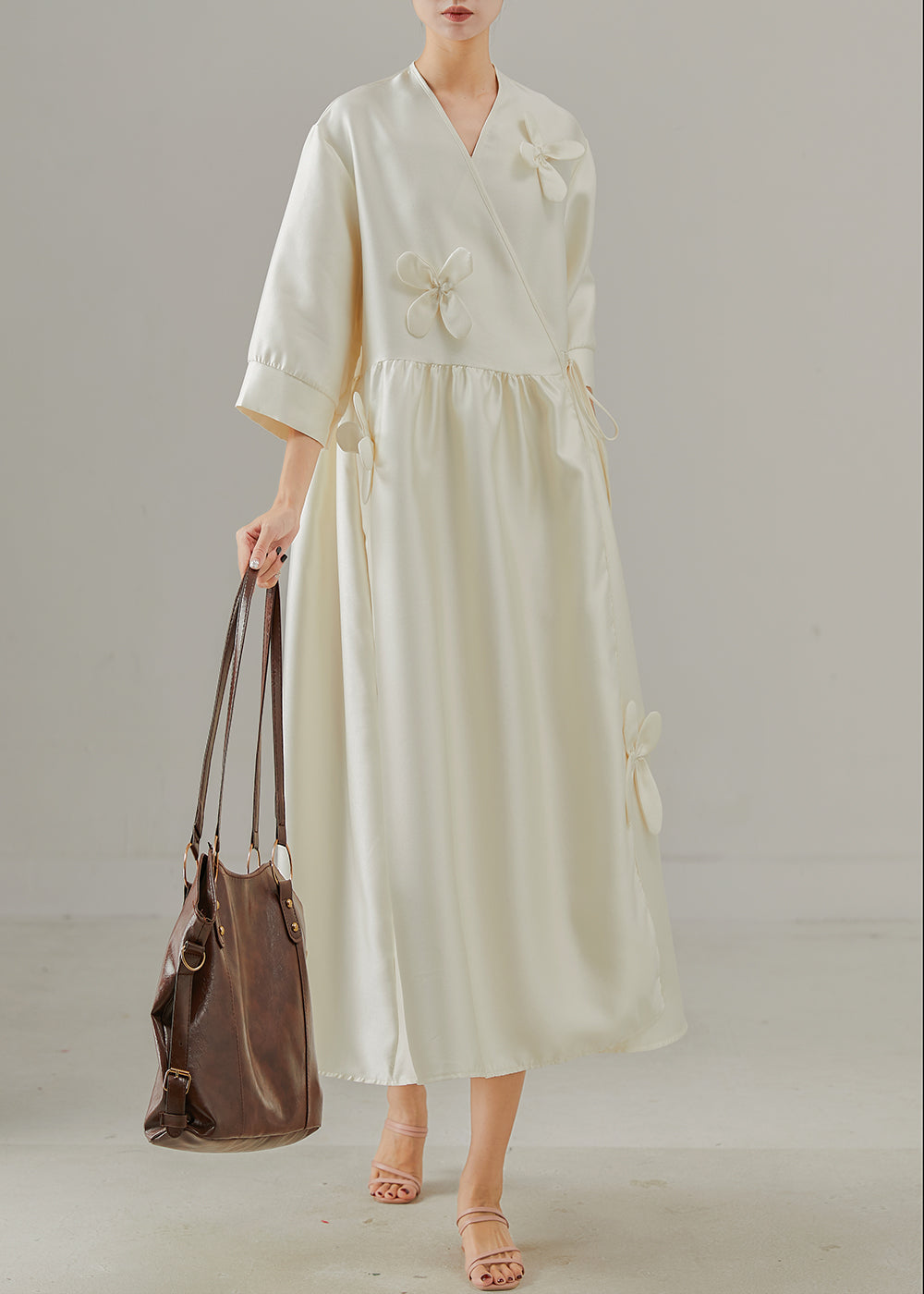 Boutique White Three-dimensional Lace Up Silk Dress Summer
