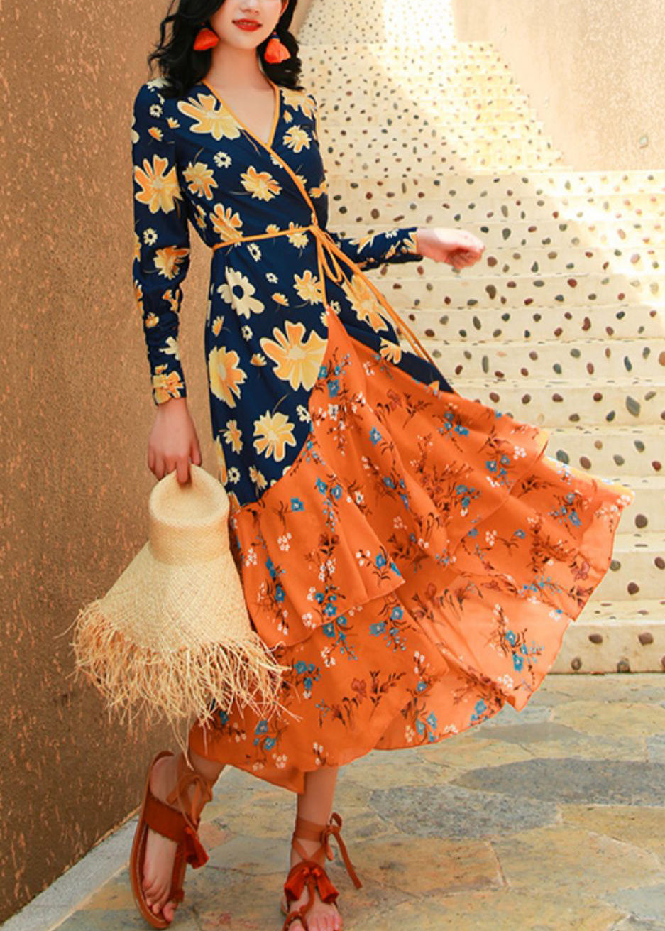 Italian Colorblock Ruffled Print Lace Up Patchwork Chiffon Dresses Fall