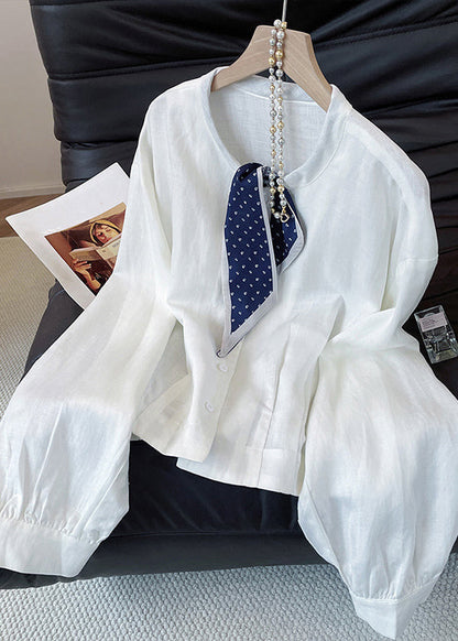 Stylish White Bow Button Cotton Blouses Fall