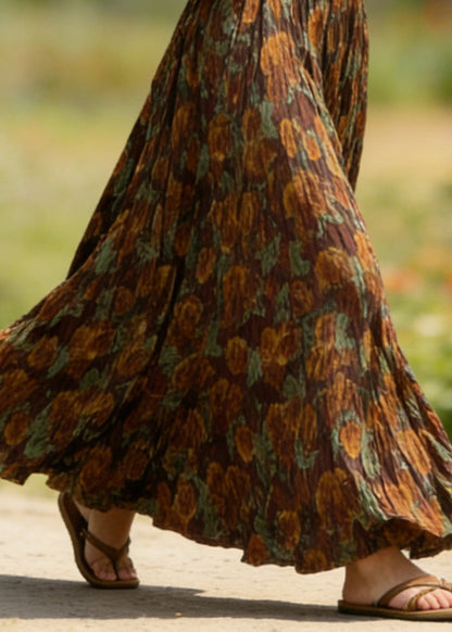 Coffee Wrinkled Print Cotton Skirts Spring