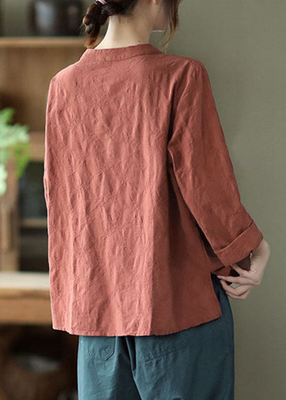 Brick Red Asymmetrical Design Patchwork Button Fall Blouses