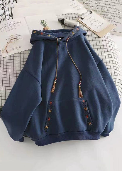 Diy Navy Hooded Embroideried Cotton Sweatshirts Top Spring