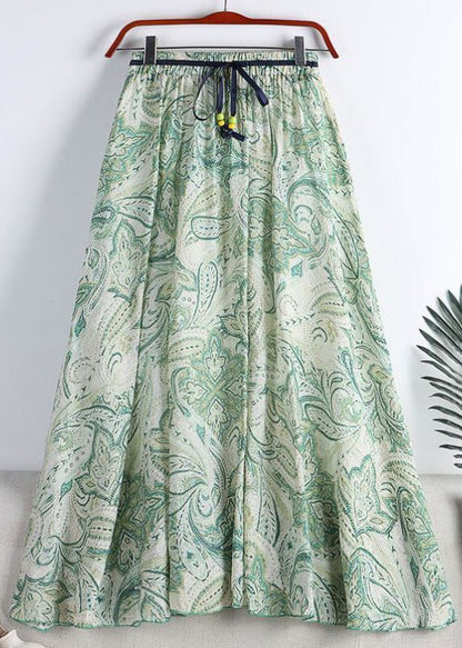 Green Print Elastic Waist Tie Waist Chiffon a Line Skirt Summer