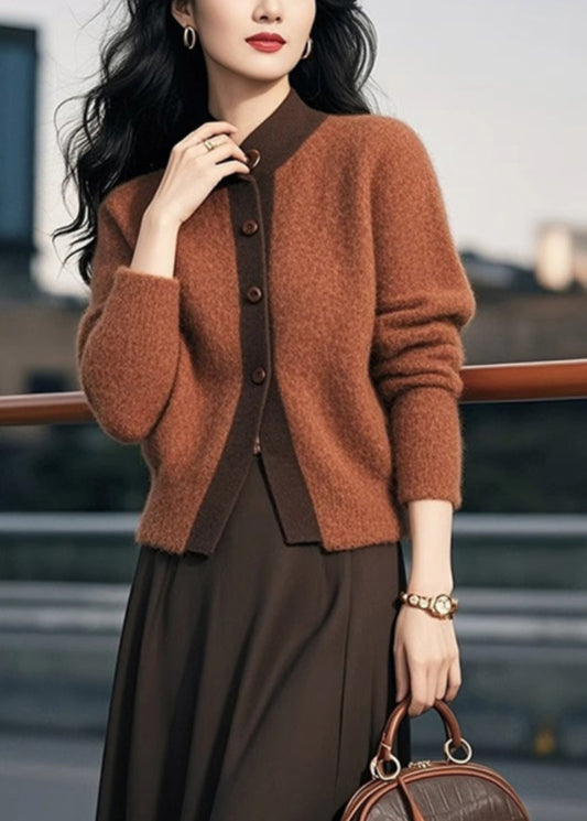 Brown Stand Collar Button Patchwork Knit Cardigans Spring